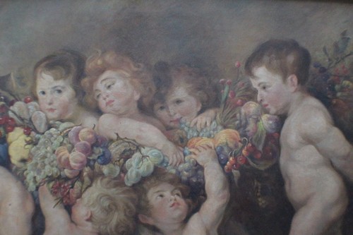 Cuadro, pintura al óleo 1929 sobre lienzo sueño frutal Rubens niños desnudos putten *4926 - Imagen 10 de 12