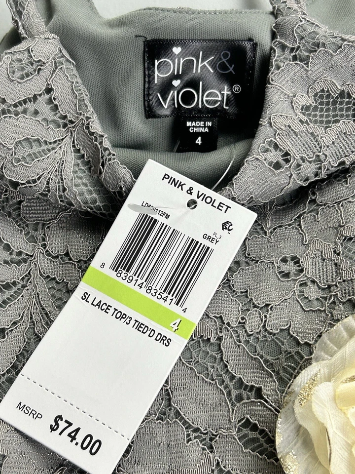 Pink & Violet Dress Baby Girls Size 4 Holiday Outfit Tiered Lace Dress Gray NWT - Image 3 of 4