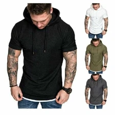 Mens Short Sleeve Hooded T-Shirt Summer Casual Hoodies Gym Sport Slim Fit Tops