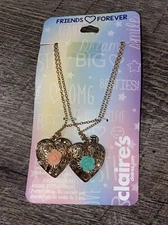 Claire’s gold tone filigree Pink Blue rose BFF Best Friends locket Jewelry set