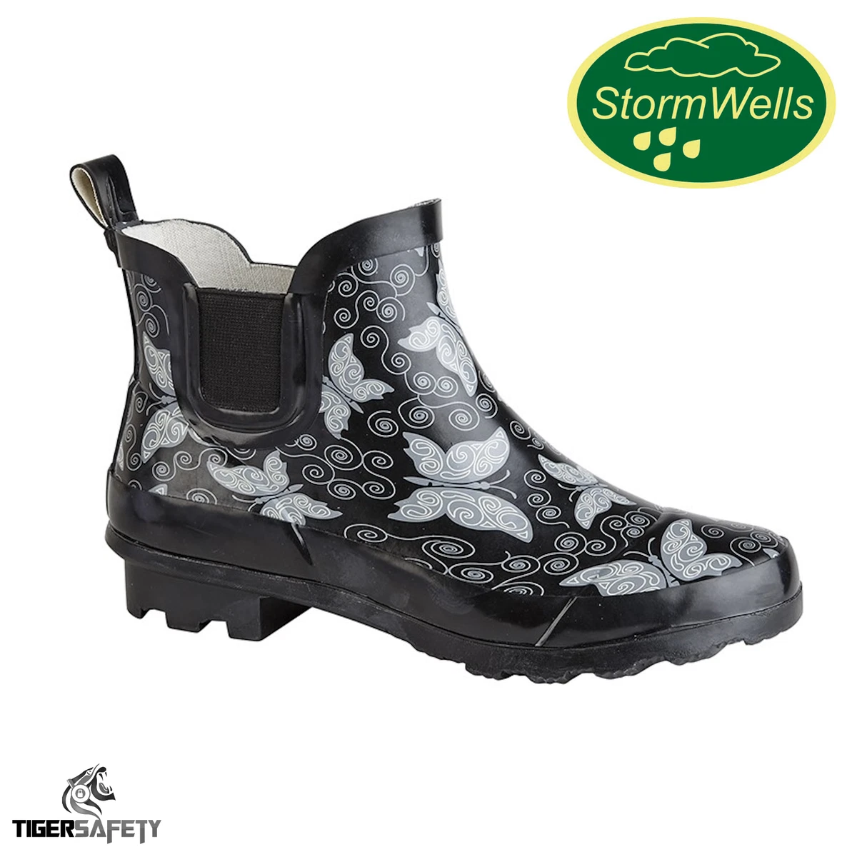 Stormwells Ladies Butterfly Print Black Ankle Wellington Boots