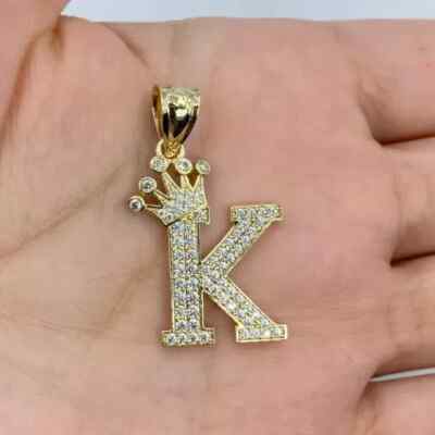 1Ct Round Real Moissanite Initial Letter Crown''K'' Pendant 14K Yellow Gold Plated