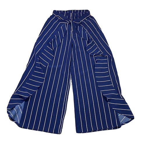 Girls Shein Pants Ruffle Youth Size 9y Blue Striped Tie Flowy Elastic Waist g