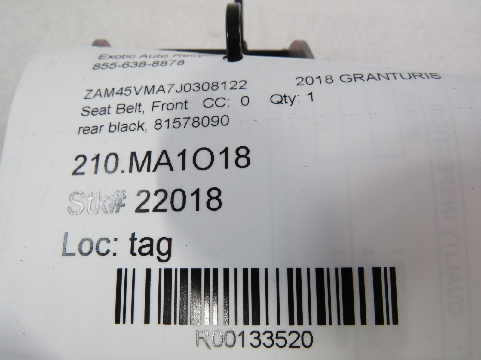 Maserati GranCabrio, Rear Seat Belt, Black, Used, P/N 81578090
