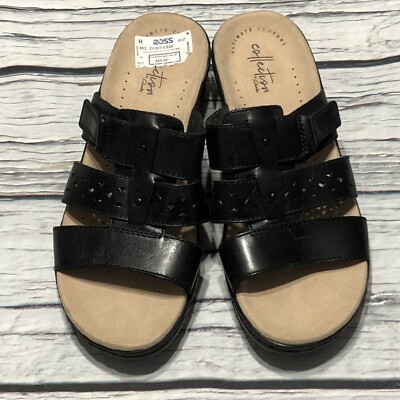 CLARKS Womens 1/2 Sandals Black Slides Open Toe Leather Shoe Strappy  Comfort