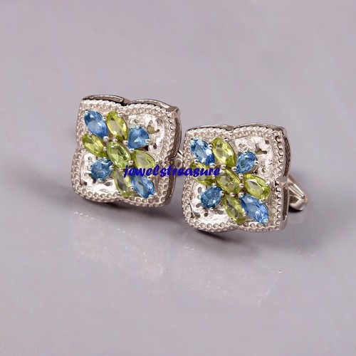 Natural Peridot & Blue topaz stones 925 Sterling silver Cufflinks for Men's #744 - Picture 3 of 3