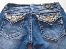 MISS ME Women's Denim Bling Crystals Rhinestones Low Rise Boot Cut Jeans 28