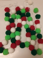 RED, WHITE  GREEN 1 INCH POM POM GARLAND 6 FT, 3 STRANDS 60 POM POMS 18 FT XMAS
