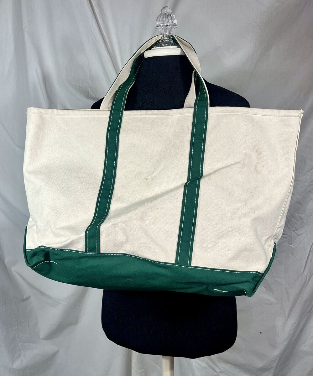 Lg Vintage LL Bean Boat & Tote Bag Canvas W Green Trim Lg Vintage LL Bean Boat & Tote Bag Canvas W Green Trim