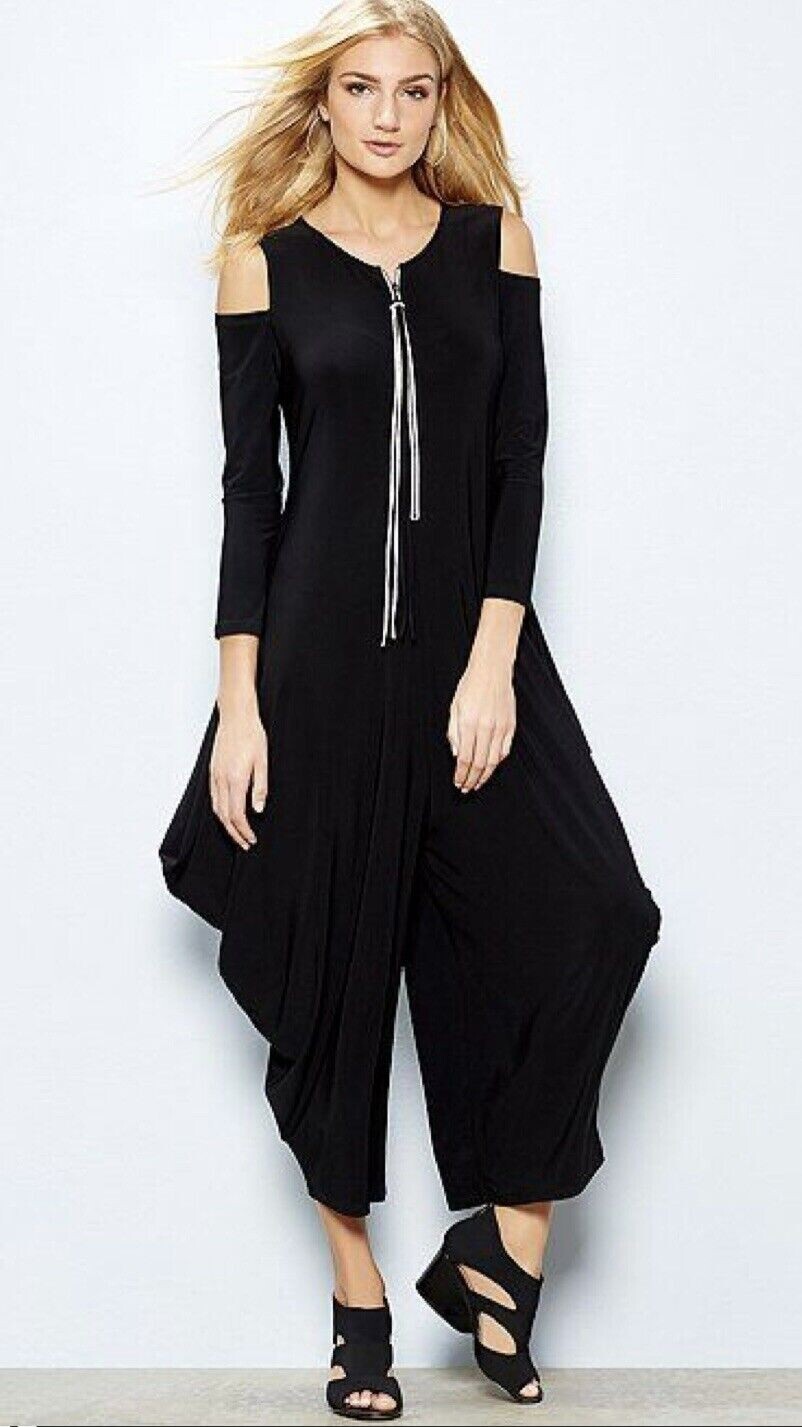 Joseph Ribkoff Black Harem Drape Cold Shoulder Zip Up… Gem