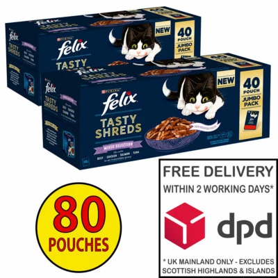 Felix Tasty Shreds Mixed Adult Cat Food in Gravy 2 x (40x80g) = 80 Pouches!