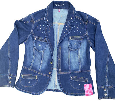 Gitano Jacket Denim Rhinestones Stars Studs Sparkle Women Sz S Distressed New!