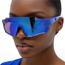 Royal Blue Oversized Shield Sunglasses Futuristic Mirror Lens Wrap Sporty Visor