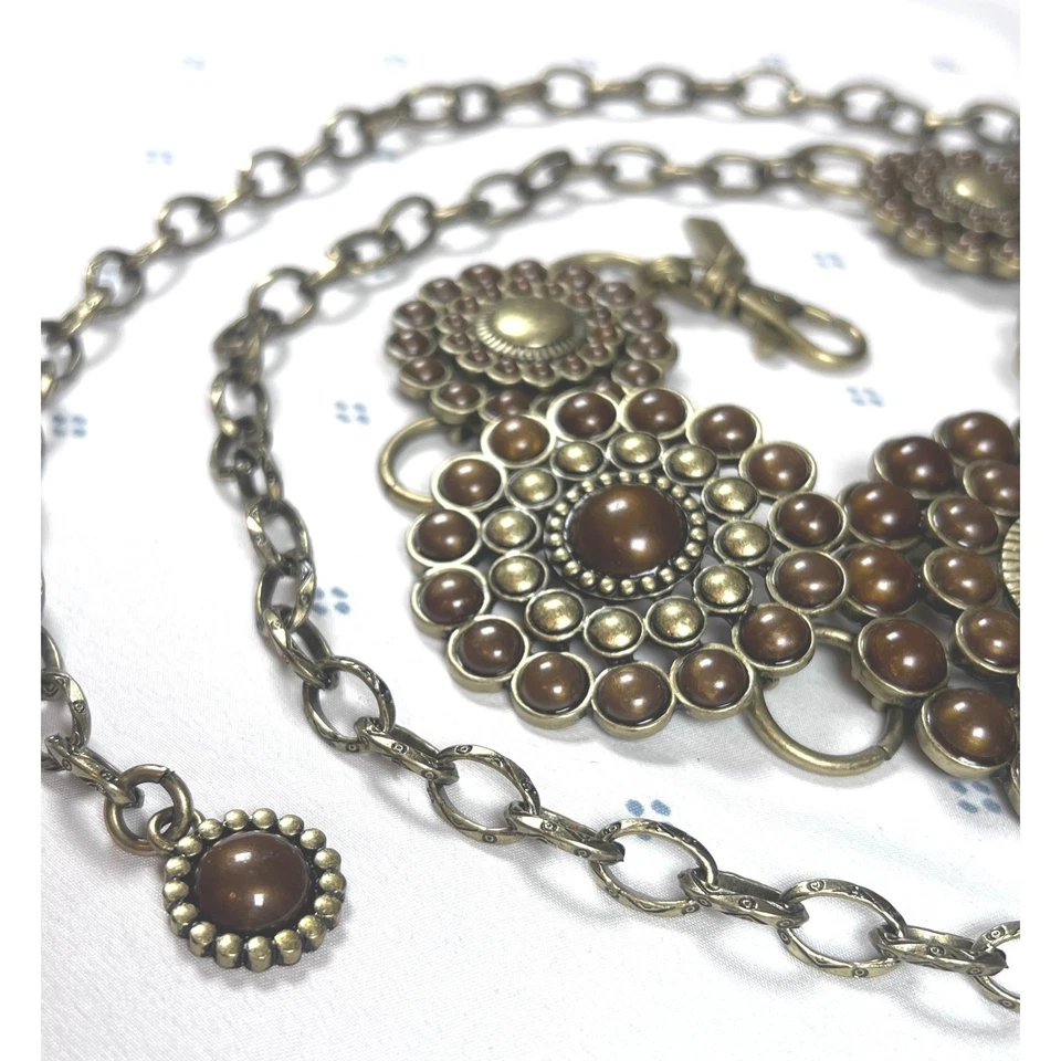 CHICOS Cinturón Cadena Flor Marrón Cierre Ajustable Detalle Único BOHO Retro Foto 3 de 4