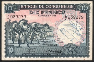 1949 BELGIAN CONGO 10 Francs VF/XF