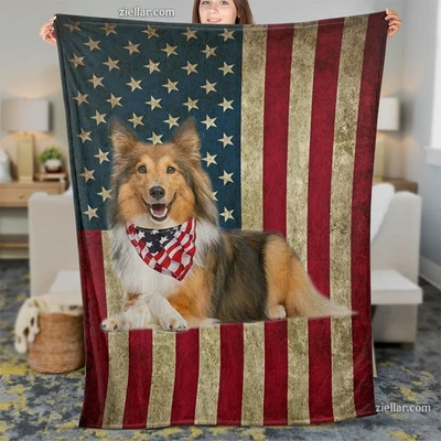 Patriotic Sheltie Dog Fleece Blanket Gift with American Flag and Bandana Design