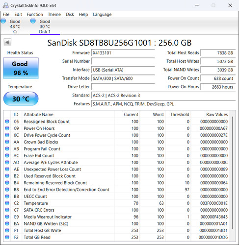 SanDisk X400 256GB SATA 2,5" SSD SD8TB8U-256G-1001 - 96% Health Status