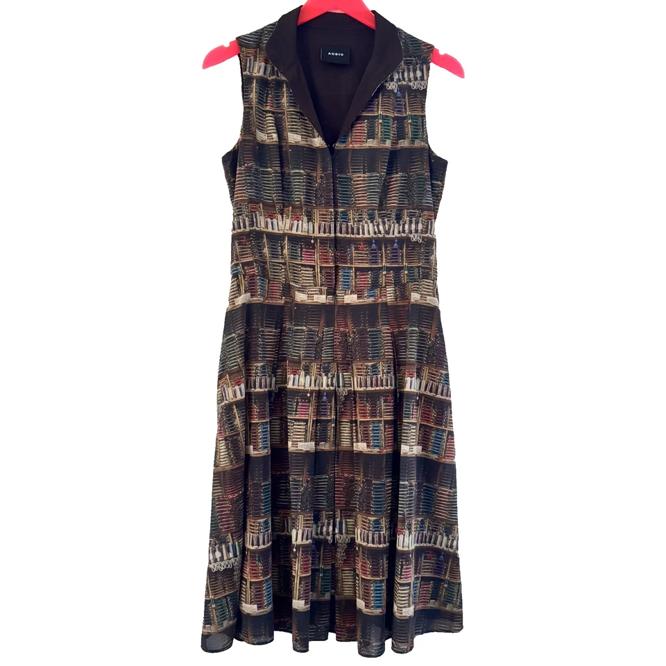 Vestido AKRIS Marrón HILO DE COSER Estampado HUESO Midi Plisado Biblioteca Libro Diseñador 8 Foto 3 de 4