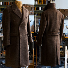 Tweed Men Long Overcoat with Belt Business Long Jacket Vintage Herringbone Coats