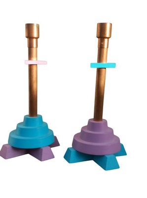 Memphis Design Style Candlestick Pair (2) Artisan Hand Crafted, Signed & Dated