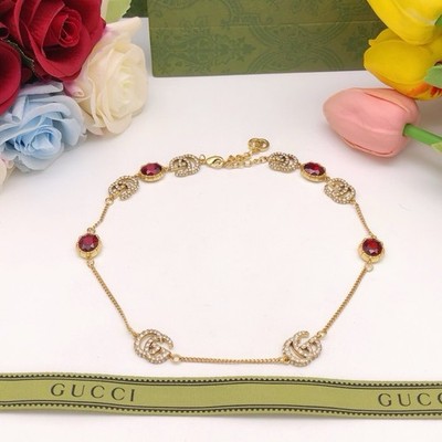 Gucci Gold Tone Cable Chain Necklace w/ Red Round Crystal Bezel, Logo, Box