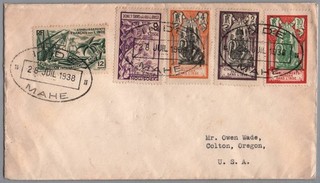 French India 1938 Mahe Cancelled Cover to USA FDC ? Scarce Franking Pondicherry