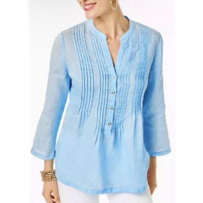 #ad Lilly Pulitzer Sarasota Tunic Blouse Womens XS Blue Linen Pintuck Coastal Preppy $29.95
