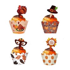 24/48PCS Thanksgiving Cupcake Wrappers Toppers Turkey Pumpkin Fall Party Decor