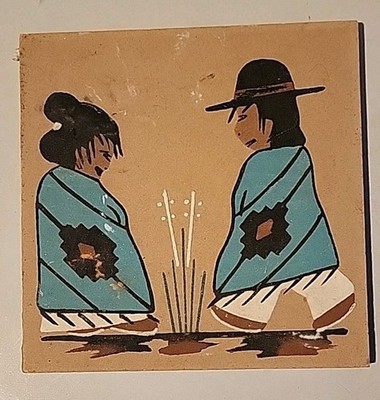Vintage Southwestern Navajo Couple Painted Tile Plaque - Mid Century Boho Decor