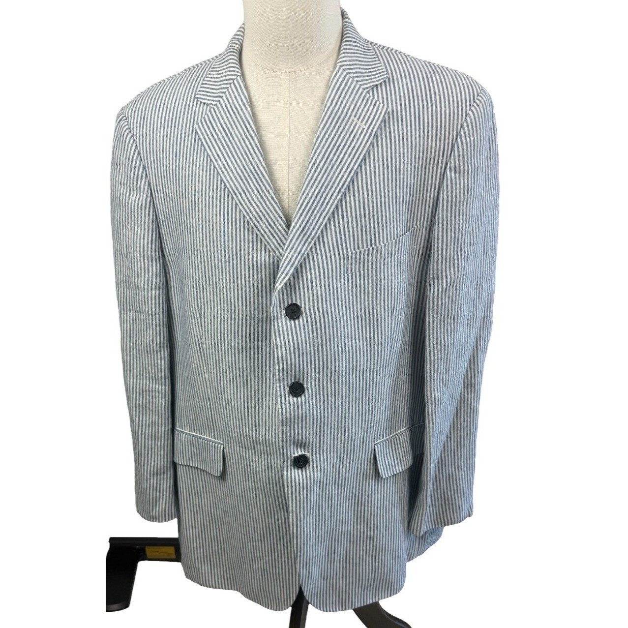 Island Pacific John W Nordstrom Ormezzano Linen Blazer Blue Striped 46R