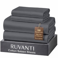 RUVANTI 100 Cotton Sheets Queen Size Bed Set - 300 Thread Queen, Charcoal