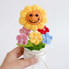 Crochet Flowers Artificial Sunflower Knitted Eternal Potted Plants,Handmade C...