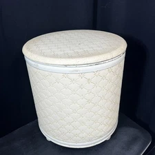 Round Vinyl Laundry Clothes Hamper with Lid White 16x15 Vintage Mid Century