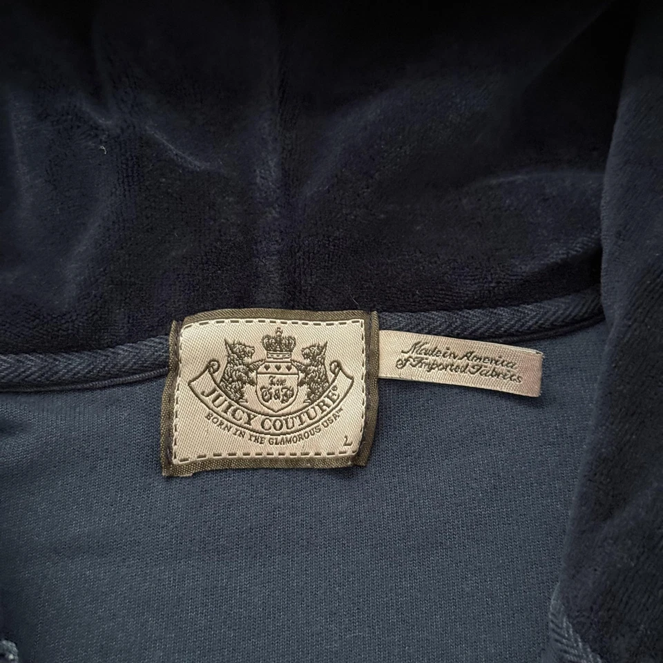 Vintage Juicy Couture Hoodie Womens M Navy Velour Zip J Pull Track Made in USA - Image 4 of 4