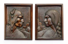 Pair 1940s A. FRANCO Art Deco Bolivian Couple Bas Relief Mahogany Wall Plaques