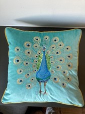Luxurious Embroidered Peacock Light Blue Cushion Cover Living Garden Room