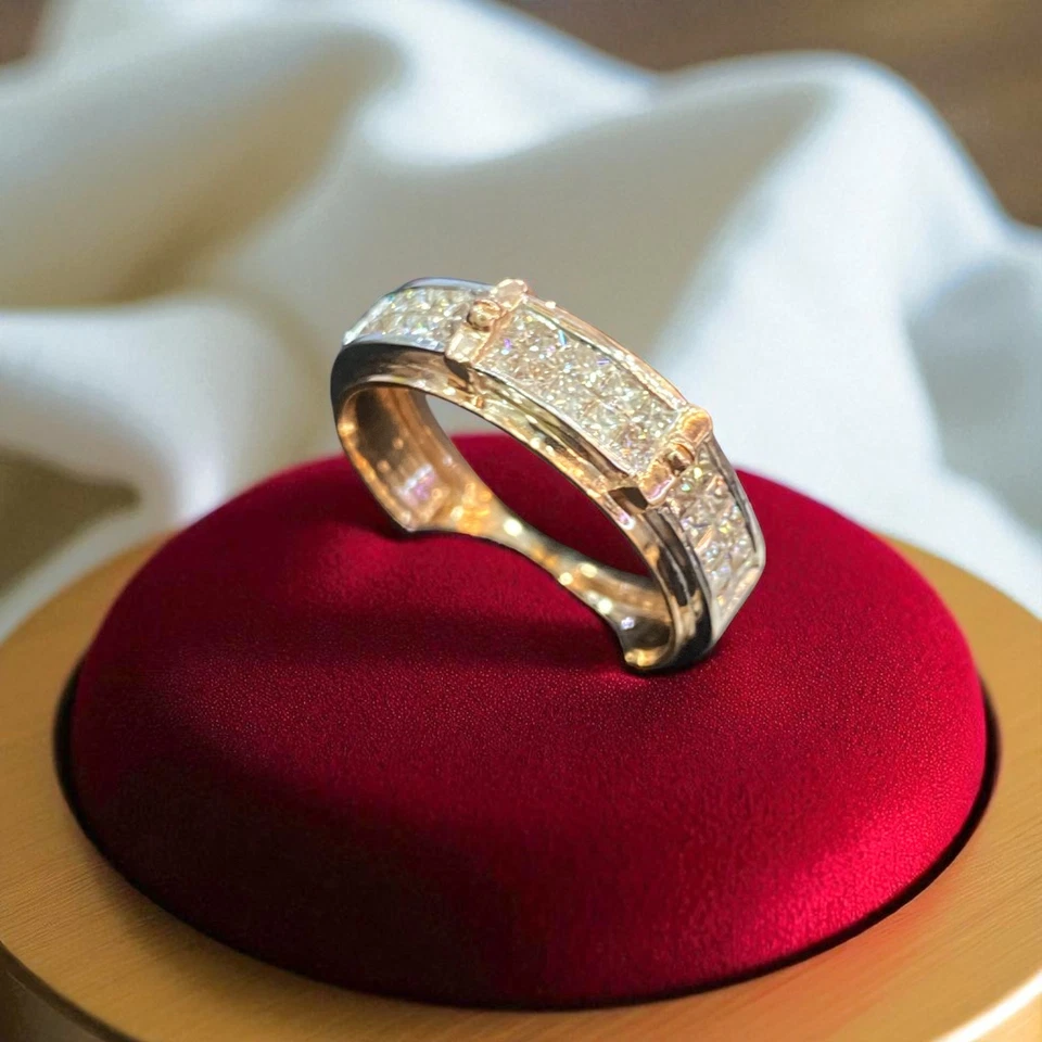 Alianza de boda unisex con diamantes naturales en forma de princesa de 1,44 quilates pavé de oro de 14 quilates Foto 4 de 4