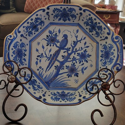 VTG BLUE GOLD 5096 DELVO HOLLAND DELFT HANDPAINTED TRAY DISH POTTERY BIRD...