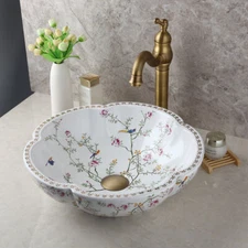 US Ceramic Bathroom Vessel Sink Flower Washing Basin Bowl Faucet Mixer Tap Drain