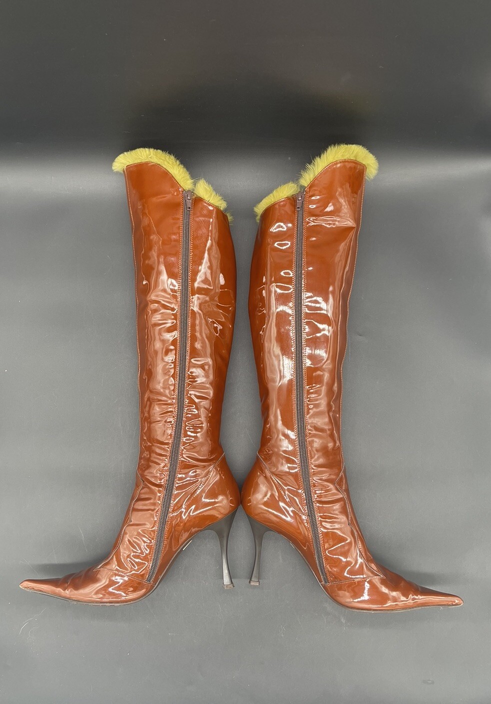 $995 Giancarlo Paoli Henna Brown Patent Leather Boots With Green Fur Sz 39 Tall