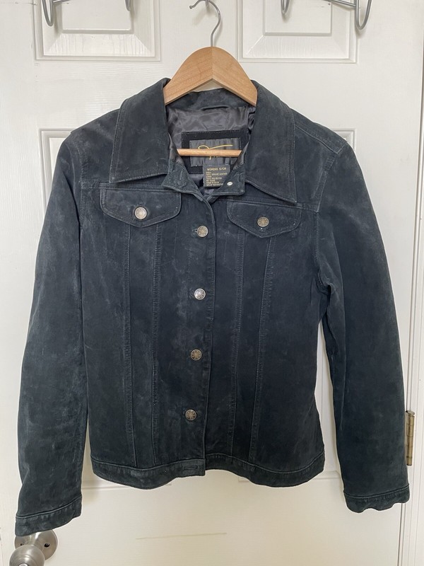 Vintage Tabio Suede Leather Button Down Lined Jacket Black Women's Small Pockets