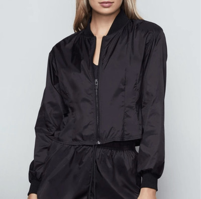 Good American Womens M Pleated Satin Bomber Jacket Black Sheer Streetwear NWT