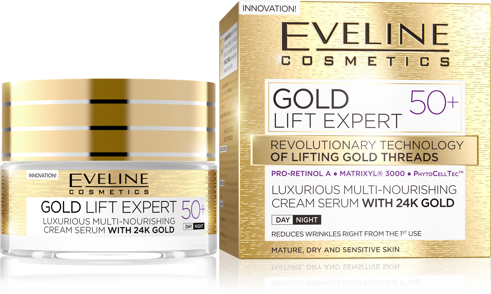 Eveline Gold Lift Expert Cream-serum 50+ Multinourishing 24C Gold Day/Night 50ml - Image 4