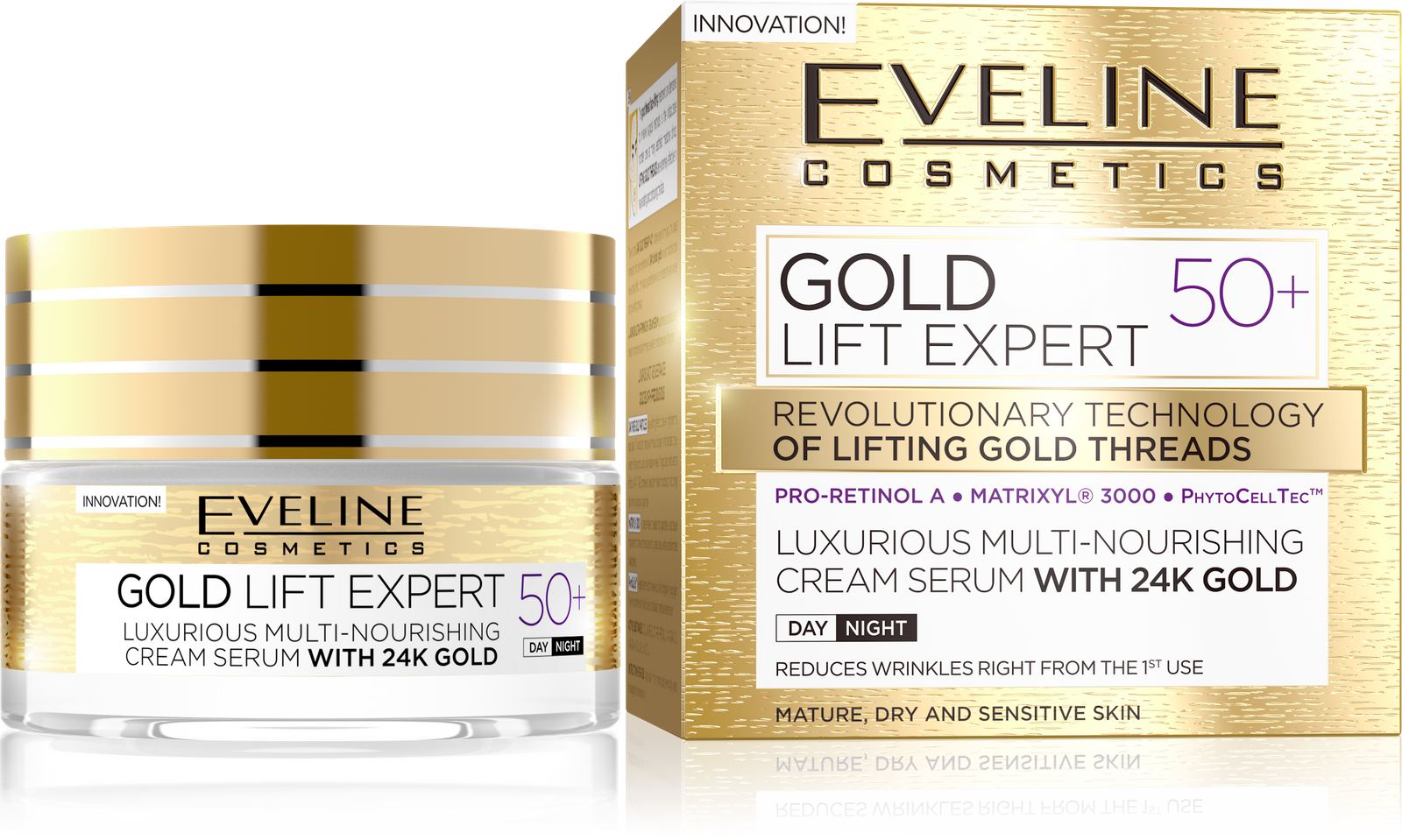 Eveline Gold Lift Expert Cream-serum 50+ Multinourishing 24C Gold Day/Night 50ml - Image 4