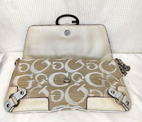 Guess Handbag Purse Signature Chain Strap Clutch Beige Gold - Picture 5 of 14