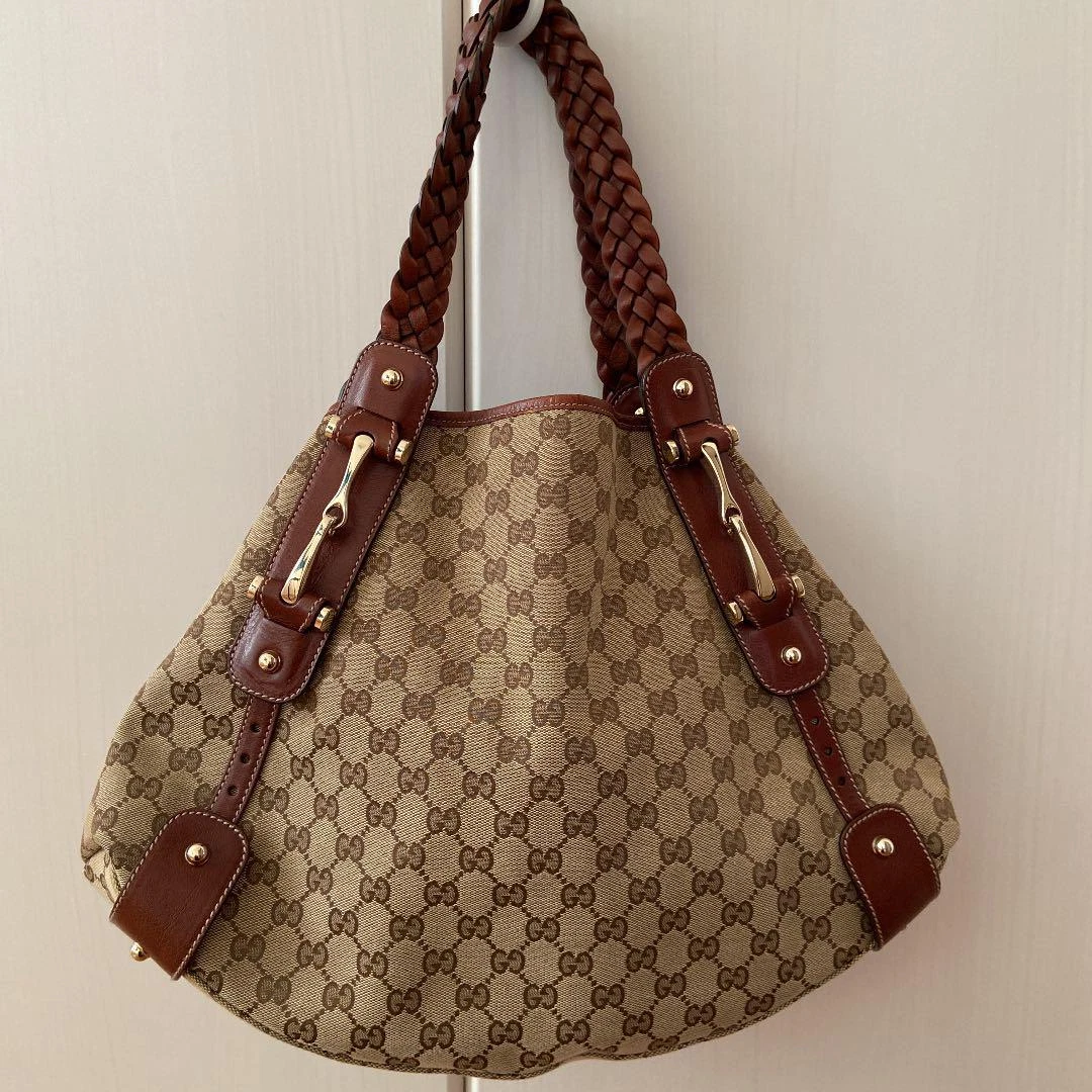 Gucci Horsebit Tote Bag GG Pattern Brown Braided Handle Brown Leather Bag GC075