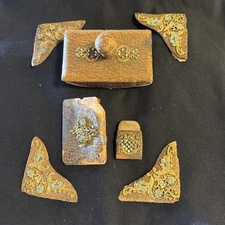 Antique   Leather Gold Enamel Set of Ink Blotter 4 Desk  Corners, Pencil Eraser