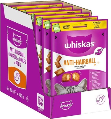 WHISKAS Anti-Hairball Katzen-Snacks 6 x 50g   Leckere Snacks gegen Haarballen