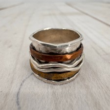 Sterling Silver Stacked Spinner Ring with Brass Copper Stamped 925 Size 7-8