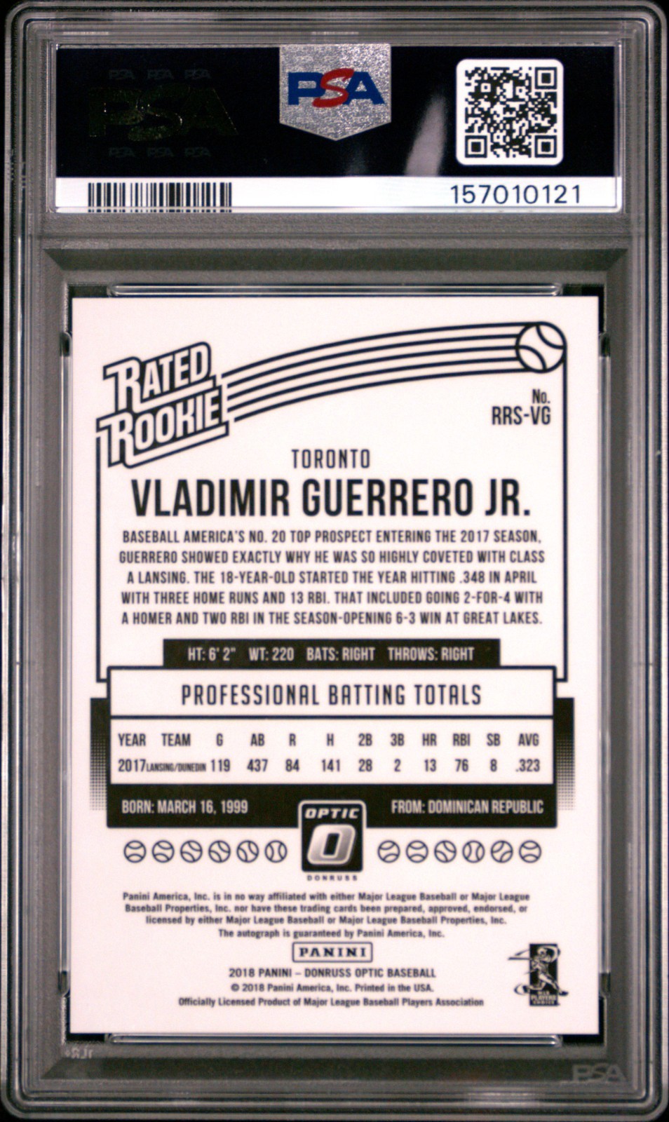 2018 Panini Donruss Optic Rated Rookie Signatures Vladimir Guerrero Jr PSA 9 view 2
